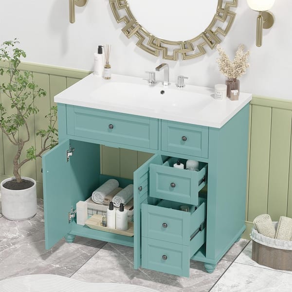 36 in. W x 18 in. D x 33 in. H Single Sink Bath Vanity in Blue-Green with White Resin Top, 2-Drawers, Soft Closing Doors
