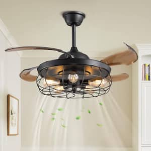 42 in. 5-Light Indoor Farmhouse Black Caged Ceiling Fan with Light Industrial Retractable Ceiling Fan Light with Remote