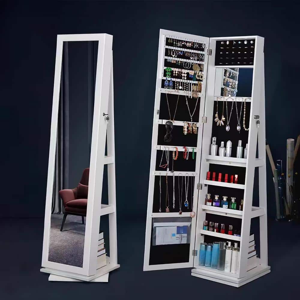 White 15.75 in. W x 64.96 in. H Mirrored Jewelry Cabinet, Floor Mirror with