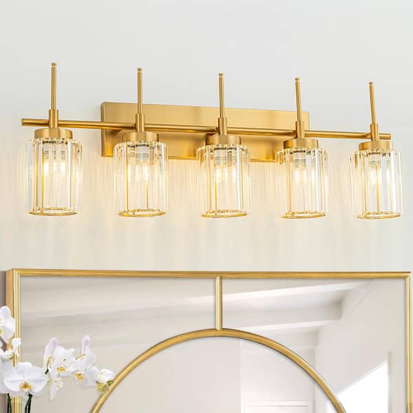Orillia 34.64 in. 5-Light Modern Industrial Gold Bathroom Vanity Light with Crystal Cylinder Shades