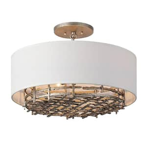 Cameo 20 in. W 4-Light Champagne Luxe Modern Farmhouse Semi-Flush Mount Convertible Pendant with White Linen Shade