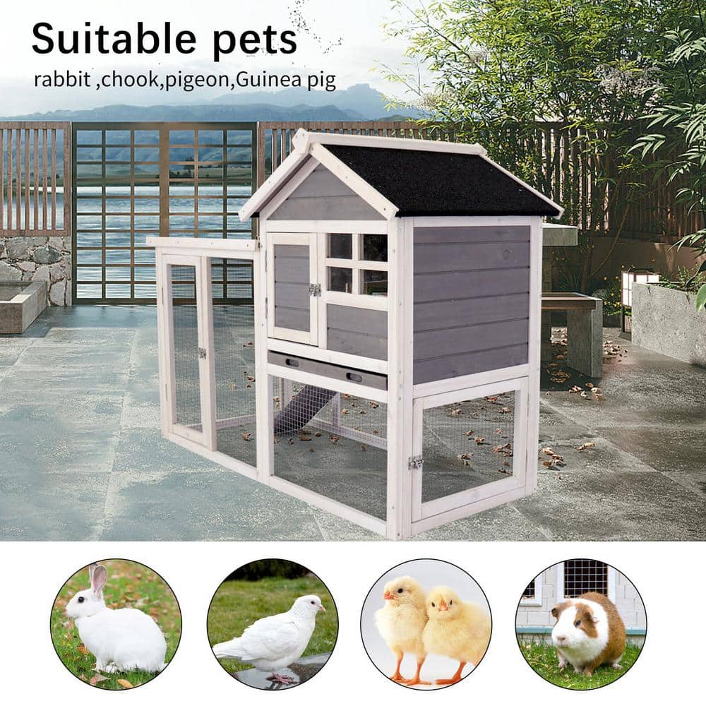 Gray and White 48'' Wooden Chicken Coop with Enclosure