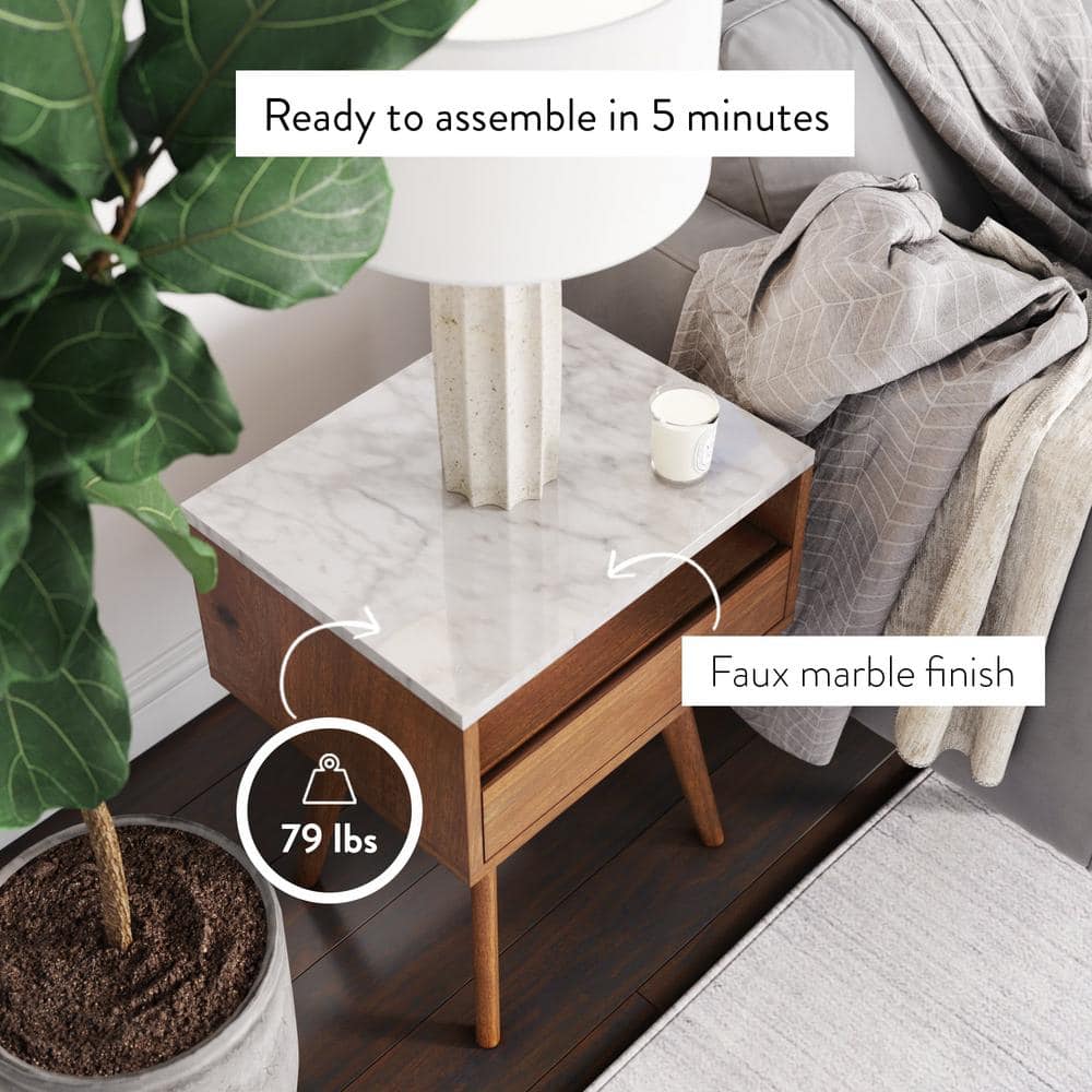 Nathan James Mid-Century Walnut and Faux Marble Storage End Tables