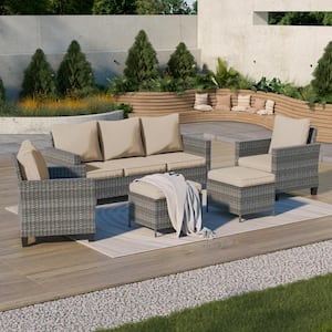 5-Piece Outdoor Patio Conversation Set Widened Back and Arm Gray Rattan Three-Seat Sofa Two Ottomans, Linen Flax Beige