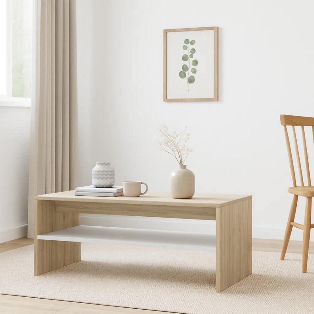 15.7 in. Oak Beige and White Rectangle Wood Coffee Table with Shelf