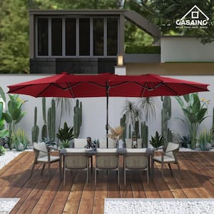 15 ft. Steel Market Patio Umbrella Double-Sided Twin Large Patio Umbrella with Base in Burgundy