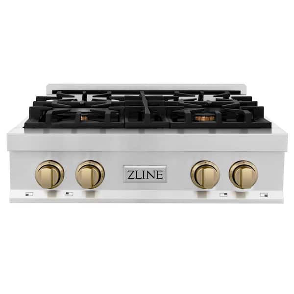 Autograph Edition 30 in. 4 Burner Front Control Gas Cooktop with Champagne Bronze Knobs in Stainless Steel