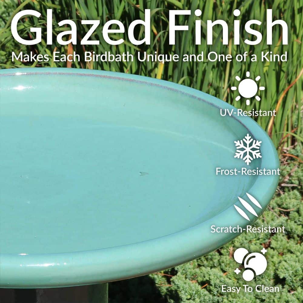 Seafoam Glazed Ceramic Hand-Painted Outdoor Bird Bath Stand