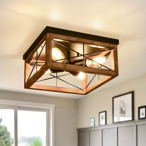 12.6 in. Rustic Farmhouse 4-Light Black Flush Mount Ceiling Light, Metal Frame with Wood Accents