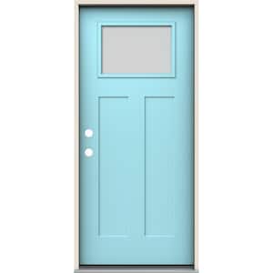 36 in. x 80 in. Right-Hand 1/4 Lite Craftsman Blanca Frosted Glass Caribbean Blue Fiberglass Prehung Front Door