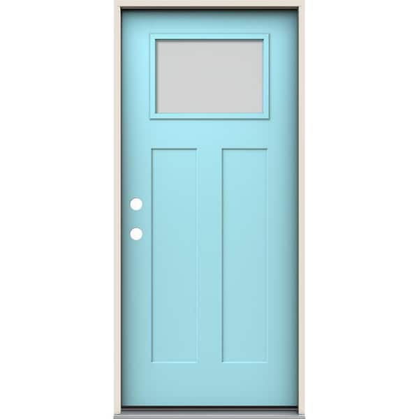 JELD-WEN 36 in. x 80 in. Right-Hand 1/4 Lite Craftsman Blanca Frosted Glass Caribbean Blue Fiberglass Prehung Front Door