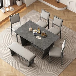 6-Piece Gray Wood Top Table Dining Set with Trapezoidal Table Base, 4-Gray Linen Chairs, 1-Bench