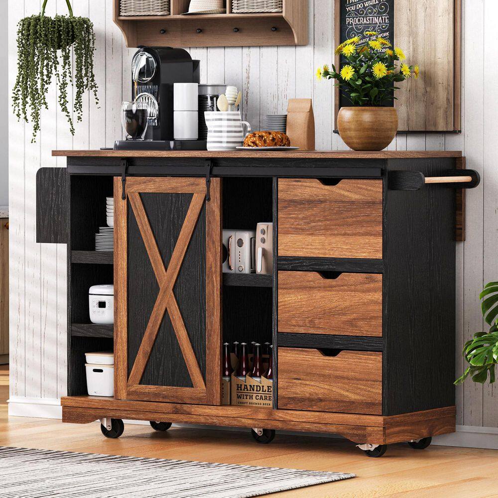 White and Brown Wood Kitchen Cart with Drop Leaf, Power Outlet, Sliding Barn Door, Towel Rack, Spice Rack, 3 Drawers