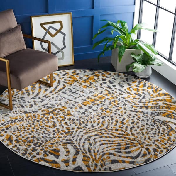 Amsterdam Beige/Gold 7 ft. x 7 ft. Animal Print Round Area Rug