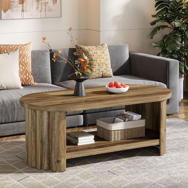 Allan 47.24 in. Brown Oval Wood Coffee Table with Storage for Living Room