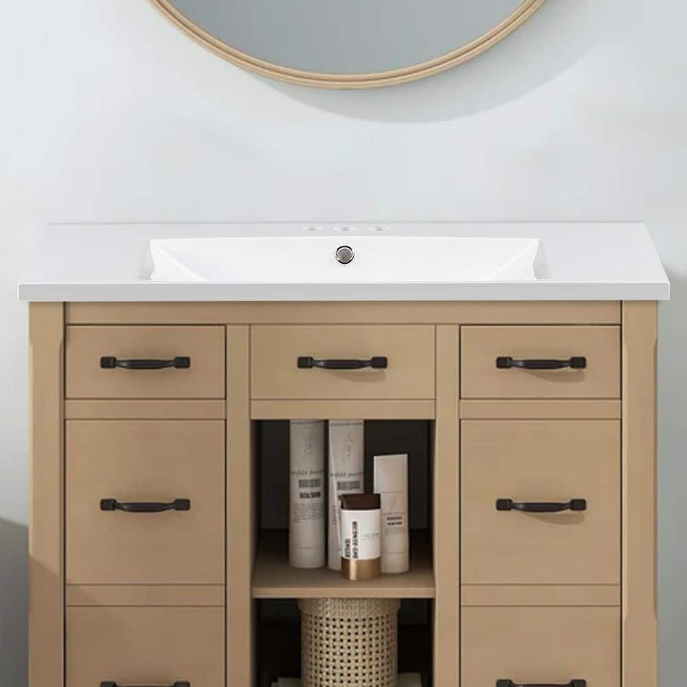 36" White Resin Square Bathroom Sink with Faucet Holes