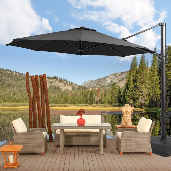 JOYESERY 11 ft. Aluminum Outdoor Cantilever Patio Umbrella with a Base, Offset Hanging, 360° Rotation in Black
