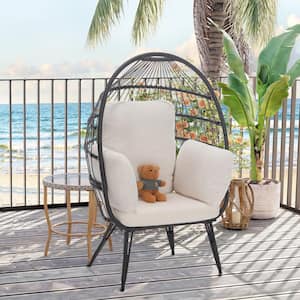 Black Wicker Outdoor Dining Chair Egg Basket Chair with Stand White Teddy Cushions