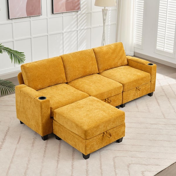 JEAREY Modern 91 in. Yellow Chenille Square Arm L-Shaped