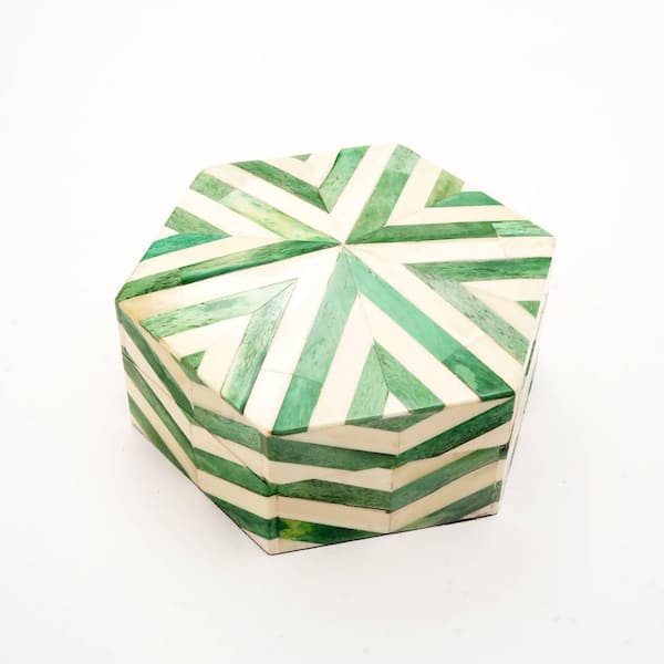 Unbranded New Zigzag Pattern Green 6.5 in. x 3 in. Bone & MDF Decorative Storage Box with Hexagonal Shape Design (Set of 1)