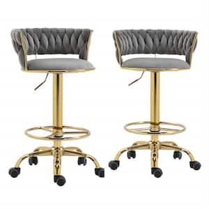 35.43 in Gray Velvet Swivel Adjustable Metal Counter Bar Stools Chairs with Wheels Set of 2