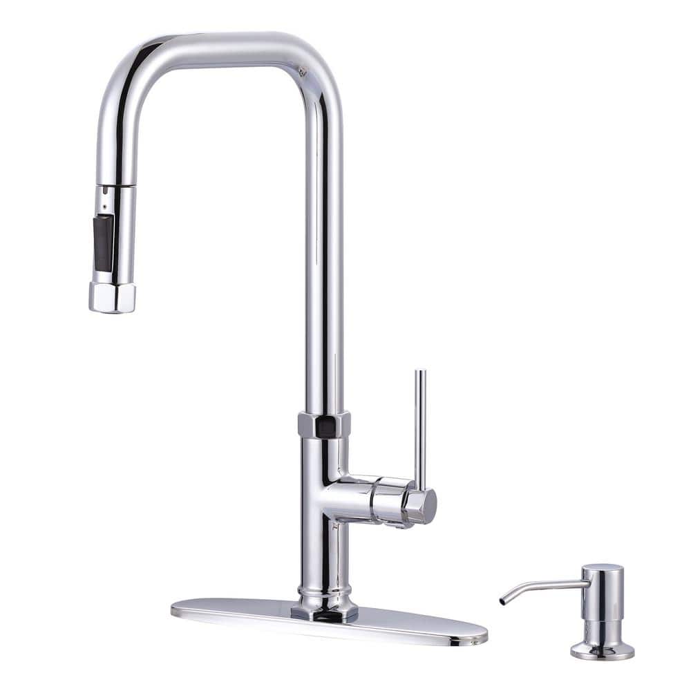 Chrome Single Handle Pull-Out Kitchen Faucet with Soap Dispenser