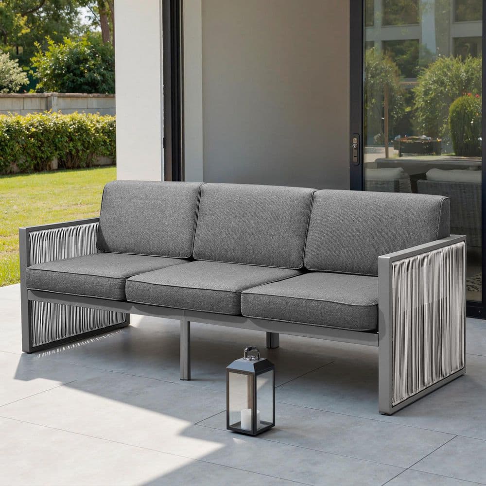 SquareChic Metal and Light Beige Wicker Outdoor 3-Seat Sectional Couch Sofa with Olefin Gray Cushions price history on PriceWatchPro