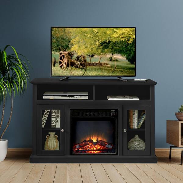 GOOD & GRACIOUS 47.5 in. TV Stand Cabinet Sideboard Electric Fireplace Fits TV's Up to 55 in. with Adjustable Shelves in Black