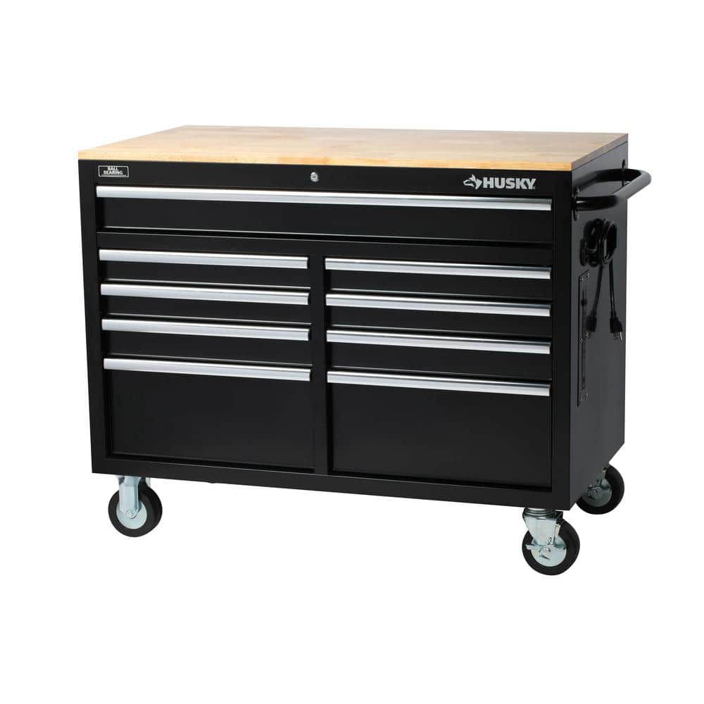 Husky 46 in. W x 24.5 in. D Standard Duty 9-Drawer Mobile Workbench Cabinet with Solid Wood Top in Gloss Black, Gloss Black with Silver Trim -  H46MWC9V2