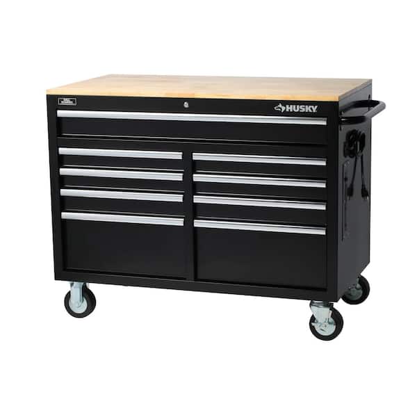 Husky 46 in. W x 24.5 in. D Standard Duty 9-Drawer Mobile Workbench Cabinet with Solid Wood Top in Gloss Black