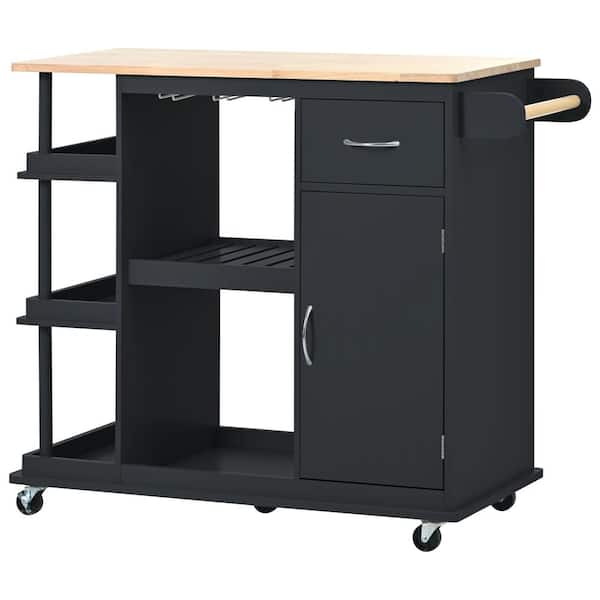 Nestfair Black Wood 40 in. W Kitchen Island with Storage Shelf and Wine rack