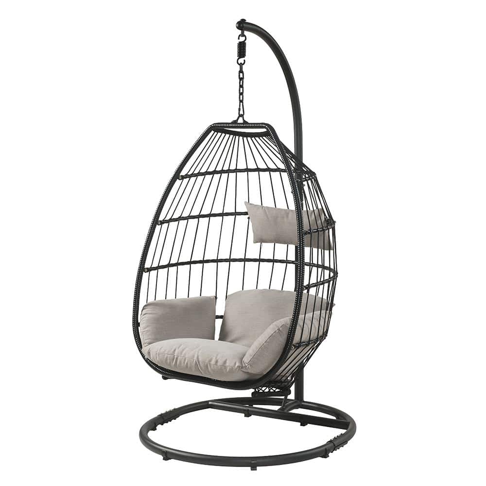 Oldi Black Steel and Beige Fabric Patio Hanging Chair with Stand