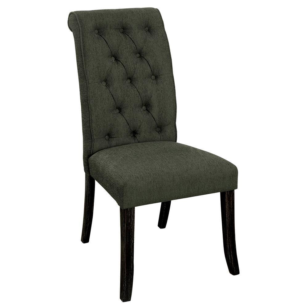 Gray Tufted Upholstered Side Chair with Antique Black Wood Legs