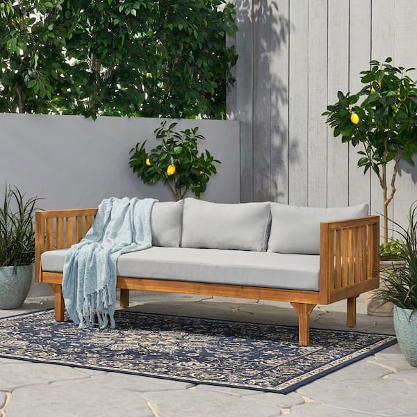 Unbranded Teak Wood 3-Seater Outdoor Day Bed with Arms and Light Gray Cushion