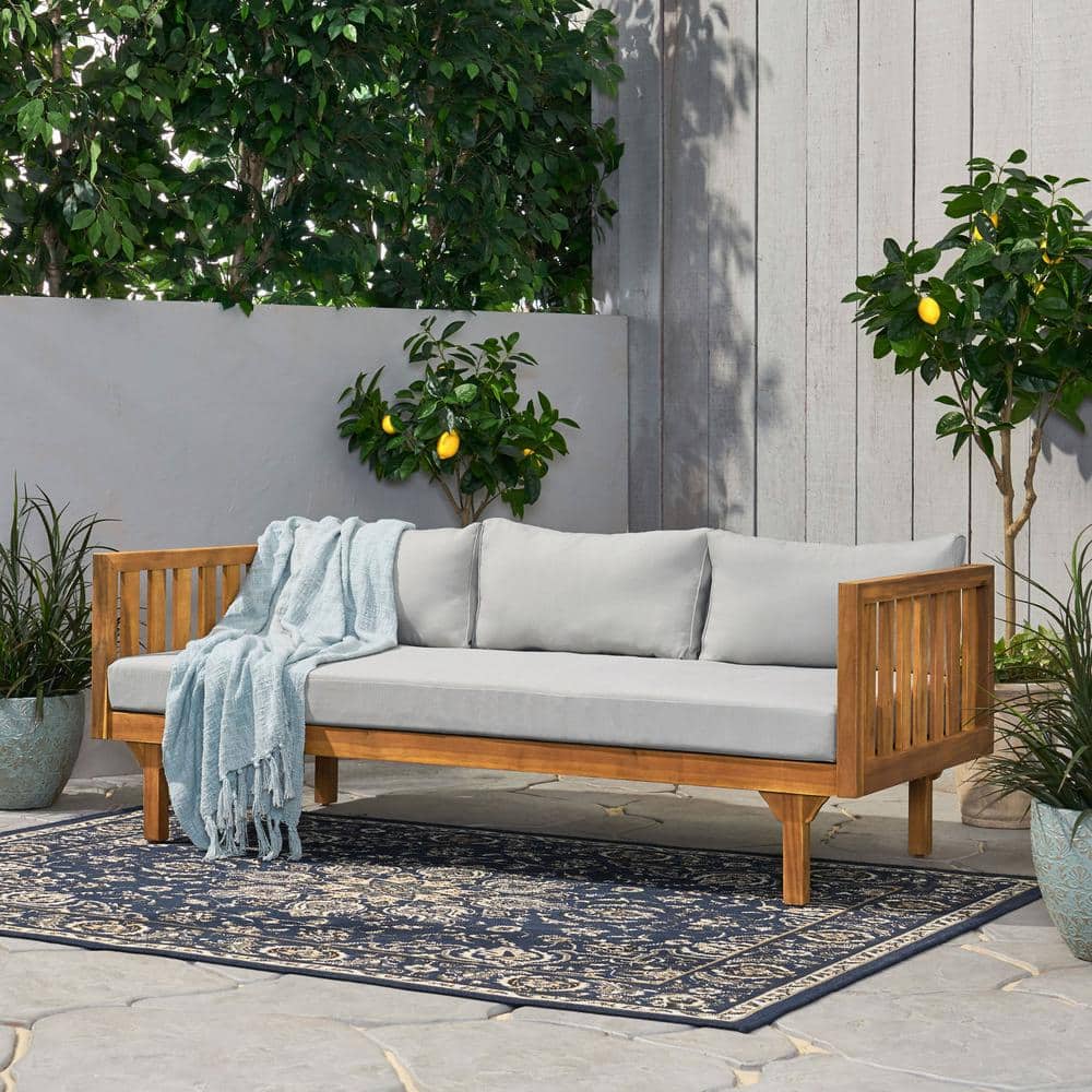 Teak Wood 3-Seater Outdoor Day Bed with Arms and Light Gray Cushion
