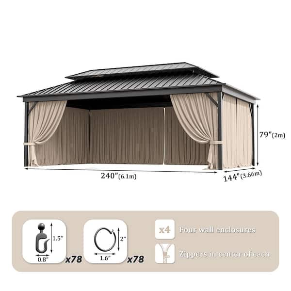 12 ft. x 20 ft. Universal Outdoor Privacy Curtains, Gazebo Replacement with Zipper Khaki (4-Side Curtain Only)