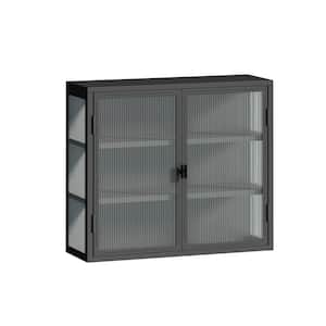 27.56 in. W x 9.06 in. D x 23.62 in. H Glass Doors 2-door Wall Cabinet with Featuring 3-Tier Storage, Dark Gray