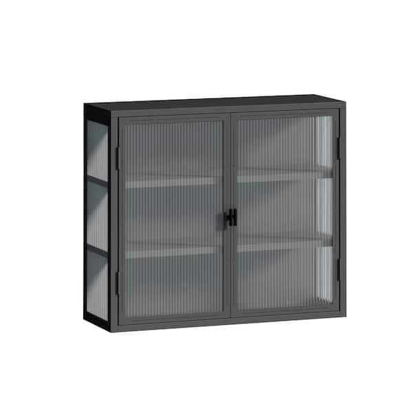 cadeninc 27.56 in. W x 9.06 in. D x 23.62 in. H Glass Doors 2-door Wall Cabinet with Featuring 3-Tier Storage, Dark Gray