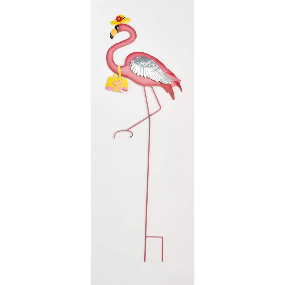 40 in. Metal Pink Flamingo with Hat and Purse Garden Stake