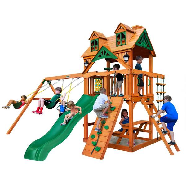 Gorilla Playsets Chateau Wooden Swing Set with Malibu Wood Roof and Picnic Table
