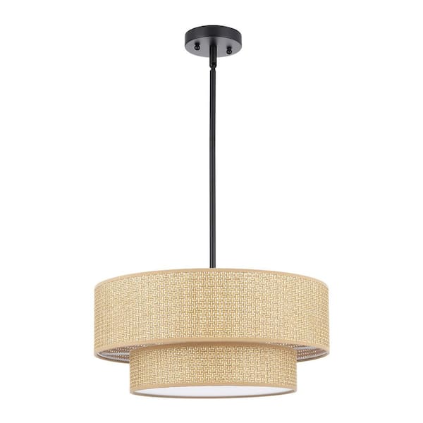 MLiAN 18 in. 4-Light Tan Drum Shaded Chandelier with 2-Tier Fabric Shade