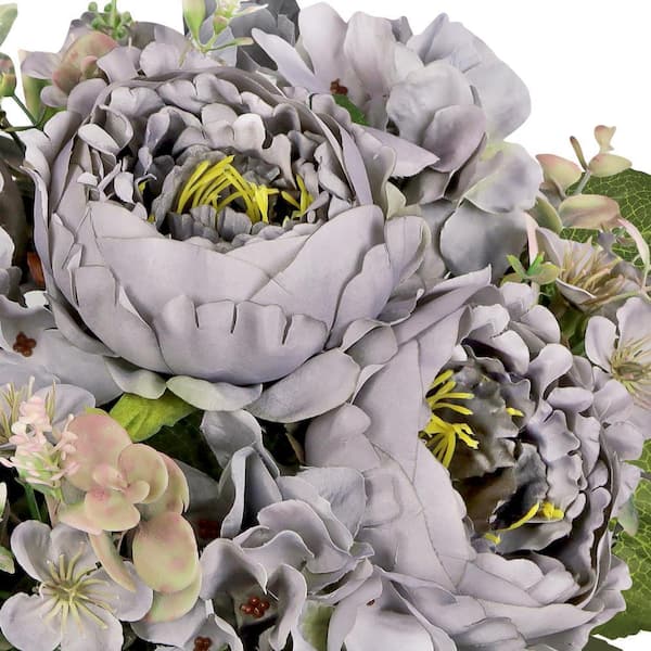 LIVING LUXURY 17 in. Grey Artificial Mixed Peony Hydrangea Blossom