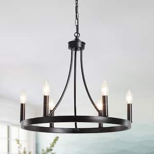 6-Light Farmhouse Black Candlestick Circle Wagon Wheel Chandelier Lighting for Kitchen Island