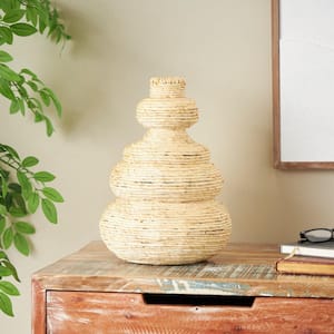 Beige Handmade Wrapped Seagrass Decorative Vase with Abstract Bubble Shape