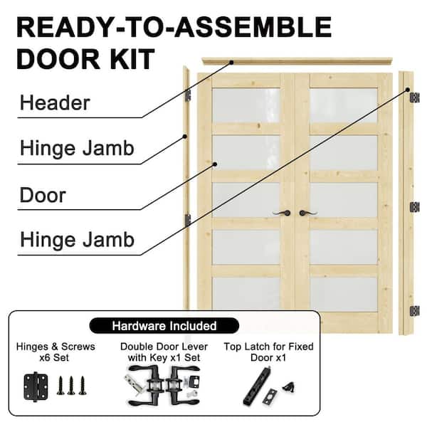 64 in. x 80 in. 5-Lite Frosted Glass Universal Solid Core Unfinished Pine Wood Double Prehung French Door+Separate Jamb
