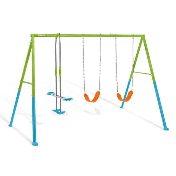 Three Feature Colored Playground Swing Set with Trapeze Bar, Multicolor