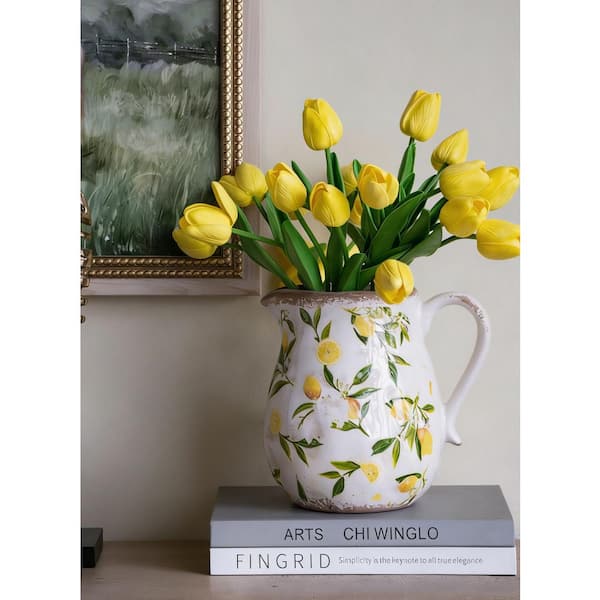 7.9 x 6.5 x 7.9 in. White Round Ceramic Pitcher Vase with Yellow