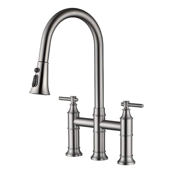 Traditional Double Handle Bridge Kitchen Faucet with Pull out Spray Wand in Brushed Nickel