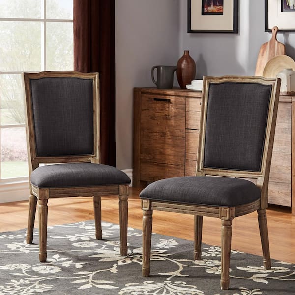 HomeSullivan Brown Finish Dark Grey Ornate Linen And Wood Dining Chairs (Set of 2)