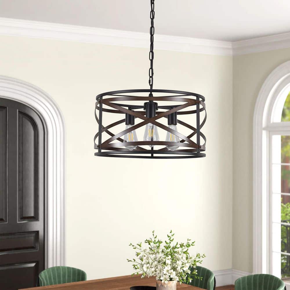 18.3 in. 3-Light Black and Walnut Drum Industrial Chandelier with Metal Cage Shades for Kitchen Island price history on PriceWatchPro